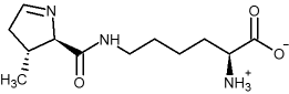 fórmula estructural de pirrolisina, H3C-(C4NH5)-CONH-CH2-CH2-CH2-CH2-CH(NH3+)-COO-