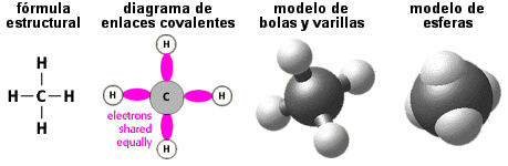 4 different modes of representation of covalent bonds:structural formula, diagram, ball & stick model, and space-filling model