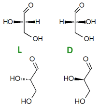 fórmulas estructurales con cuñas y en zig-zag para L- y D-gliceraldehído
